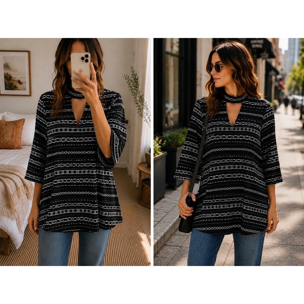 Joseph Ribkoff Tunic Black White Sz 10 Geometric Print Top Chain Stripe Artsy